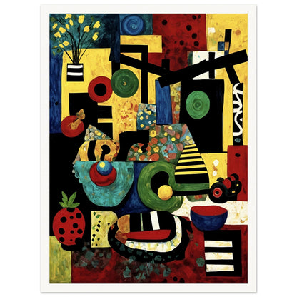 A vibrant cubist-style painting featuring geometric shapes, colorful fruit, abstract objects, and bold patterns in red, yellow, green, and blue.