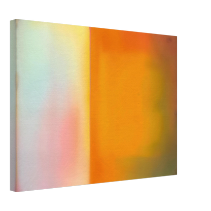 Soft luminous color field with glowing amber, pale blush, and misty light divided by a radiant vertical threshold.