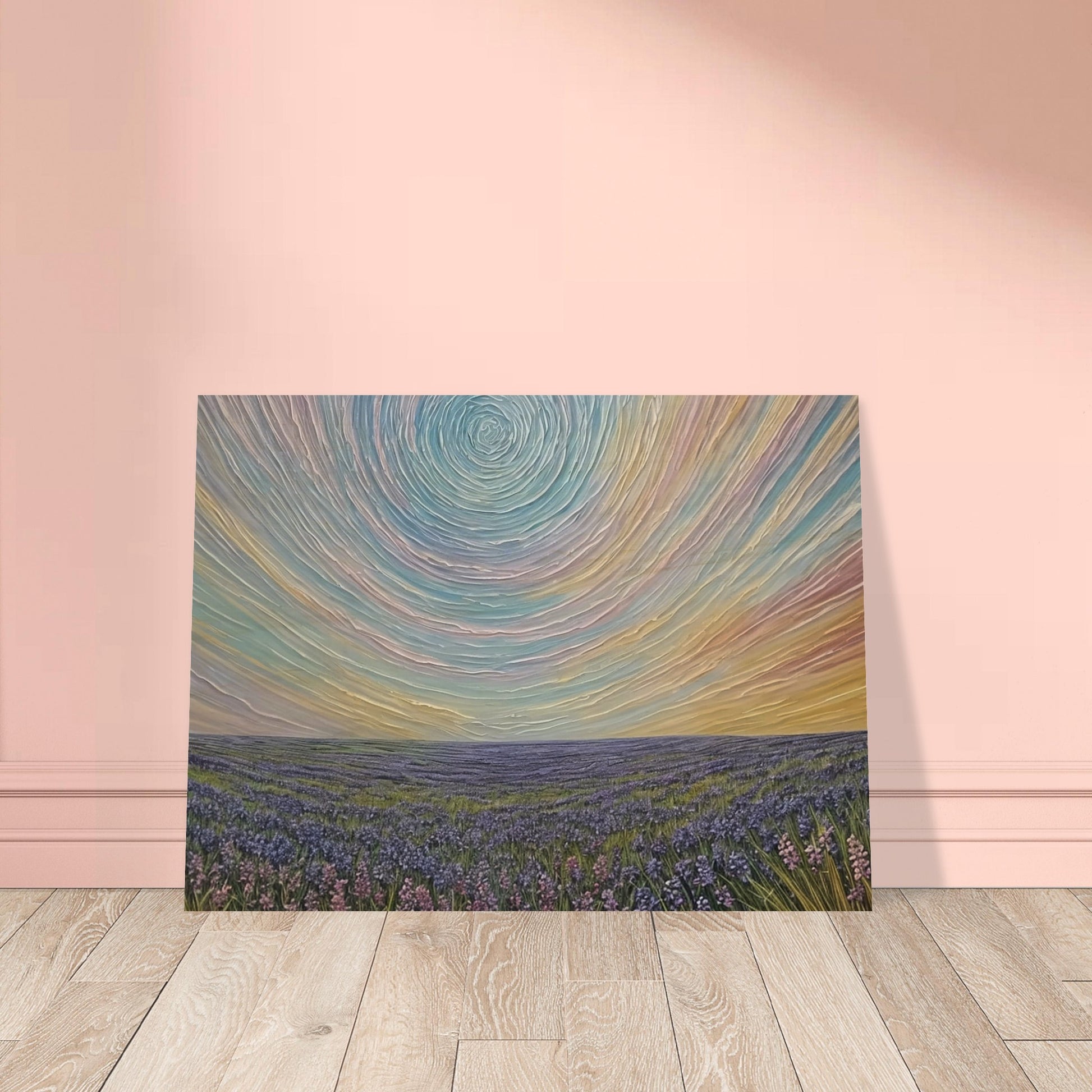 Surreal painting of a vast lavender field under a swirling pastel sky, creating a dreamlike atmosphere.