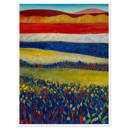 A colorful landscape painting featuring a vibrant field of flowers with rolling hills in the background.