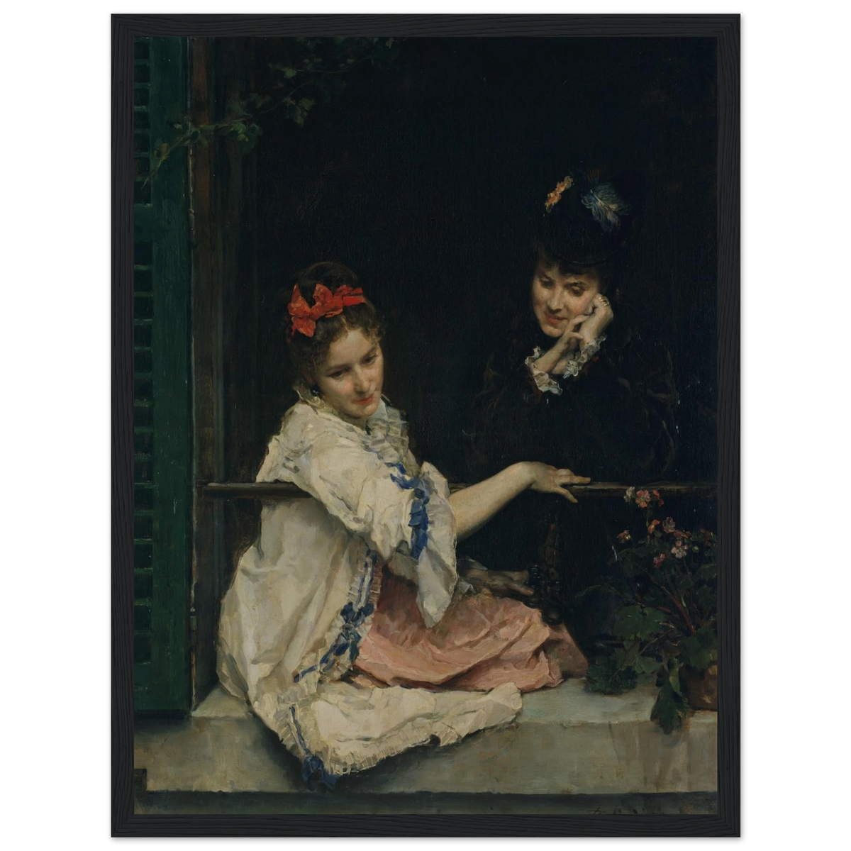 Two girls sit at a dark window, one in white with a red bow and the other in black.