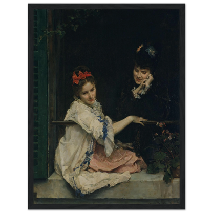 Two girls sit at a dark window, one in white with a red bow and the other in black.