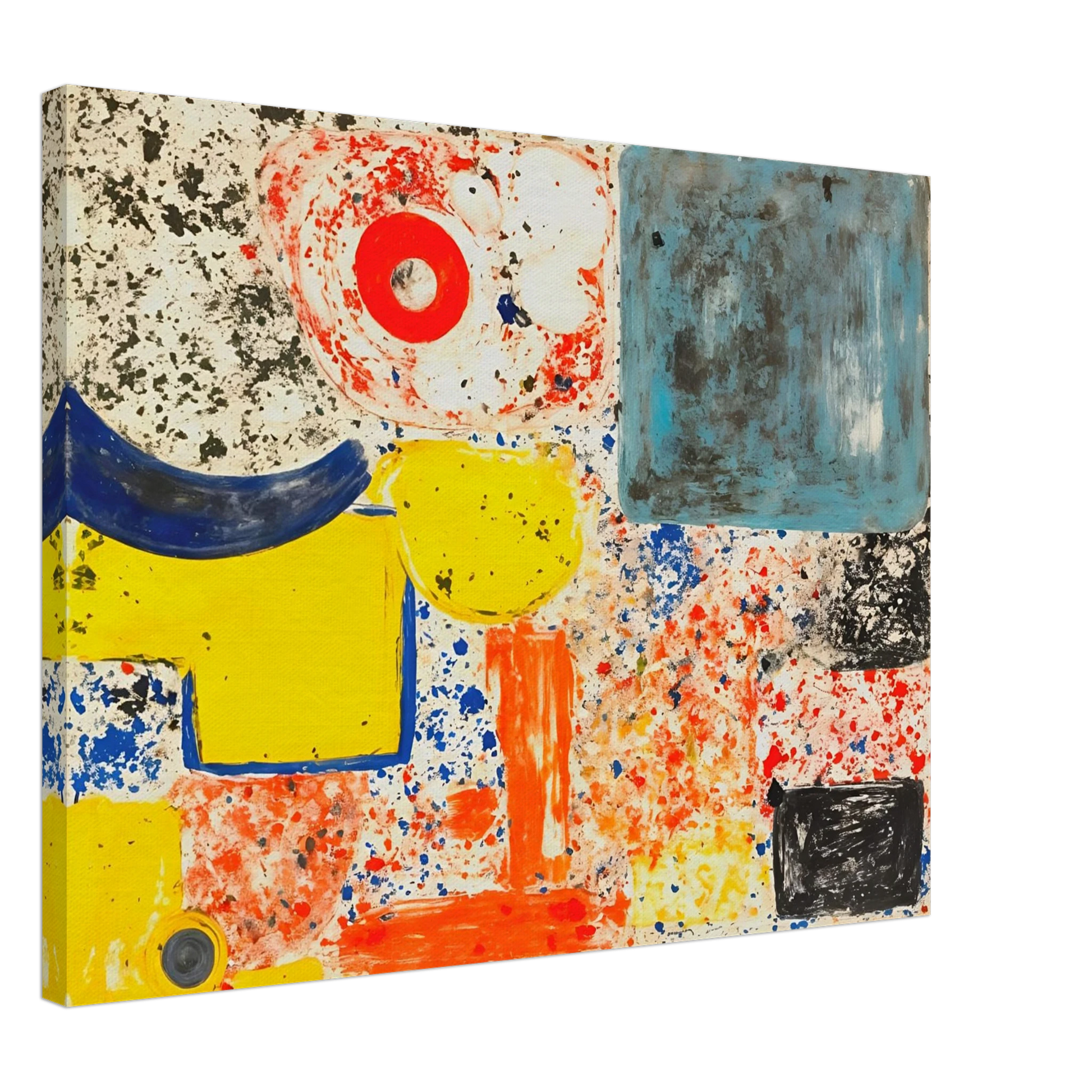 Bright yellow, blue, red, and orange shapes scatter across a speckled white field with bold black marks.