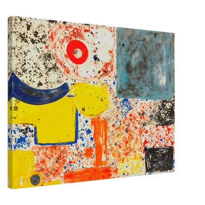 Bright yellow, blue, red, and orange shapes scatter across a speckled white field with bold black marks.