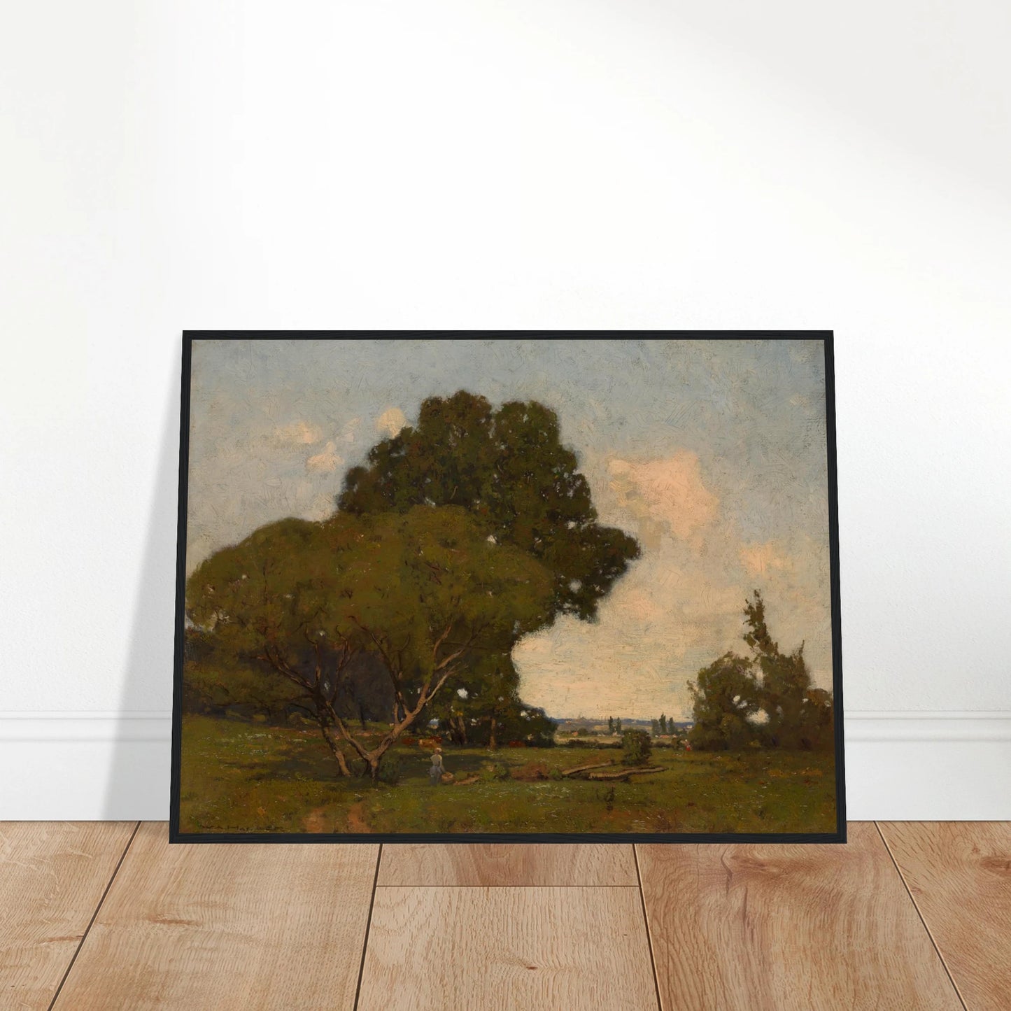 A woman walks through a green meadow beneath broad trees, with a winding path and soft clouds in the distance.