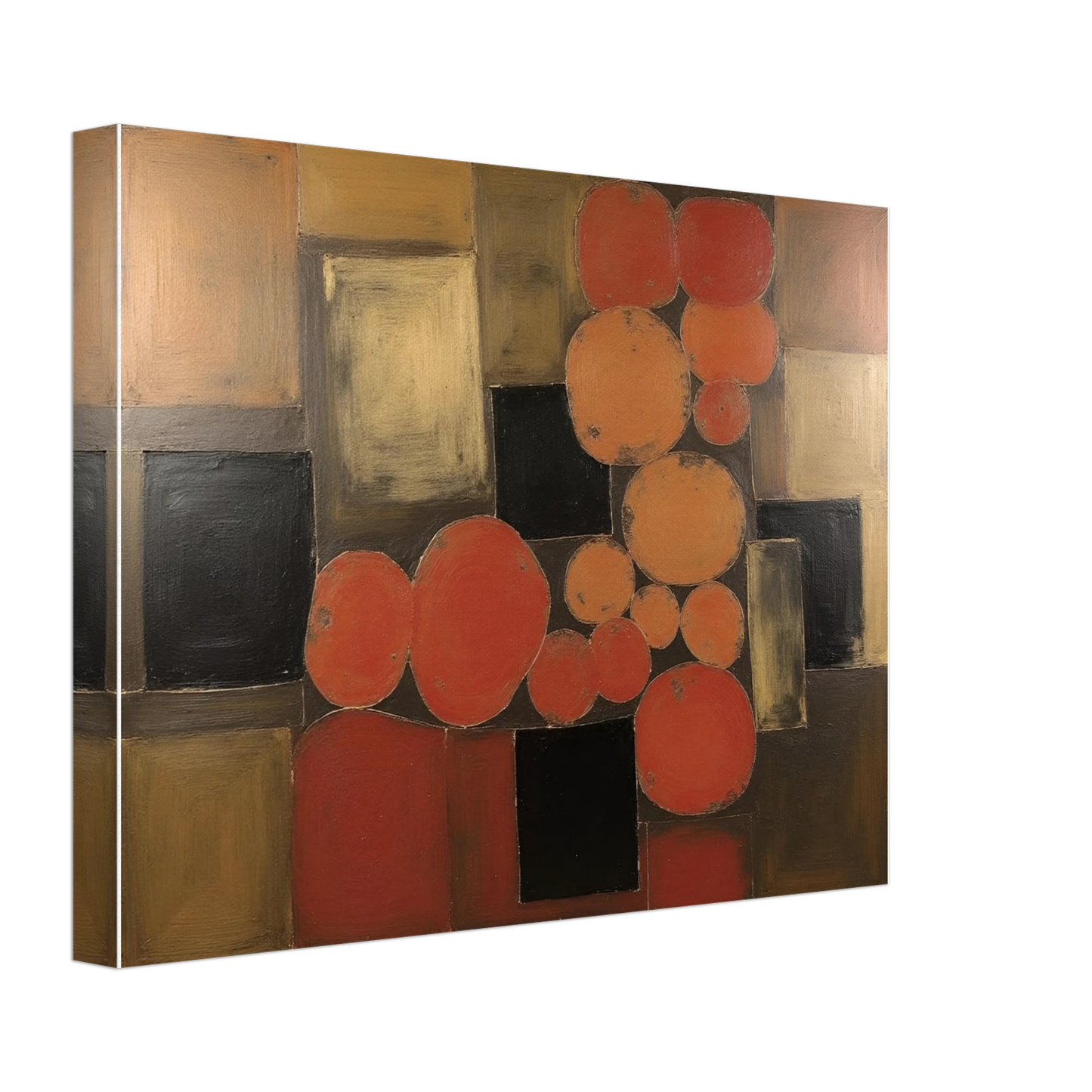 Warm orange and brown circles overlap dark squares in a geometric field, creating a rhythmic balance of earth tones and light.