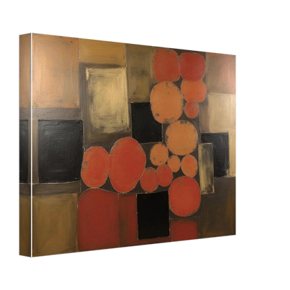 Warm orange and brown circles overlap dark squares in a geometric field, creating a rhythmic balance of earth tones and light.