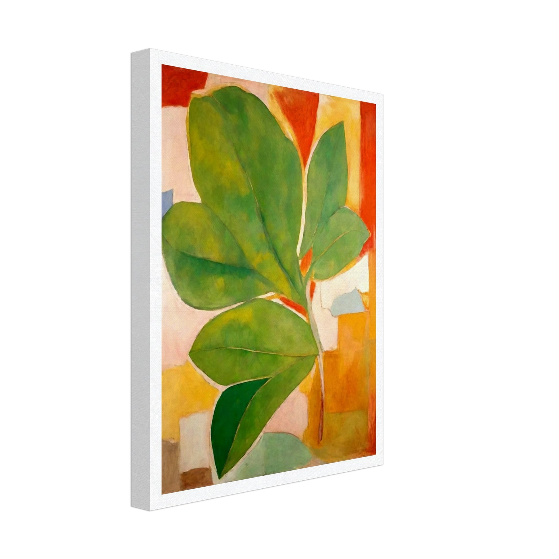 A large green leaf stands out against a background of abstract shapes in warm hues of orange, red, and beige, creating a striking composition of color and form.