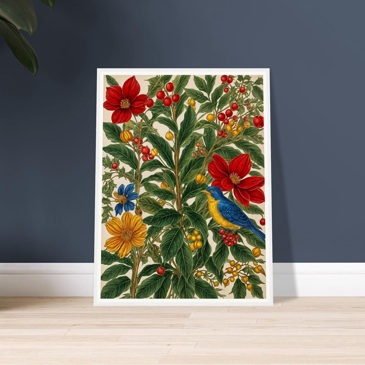 A vibrant scene with red, yellow, and blue flowers intertwined with rich green leaves and berries, featuring a blue and yellow bird perched on a branch.