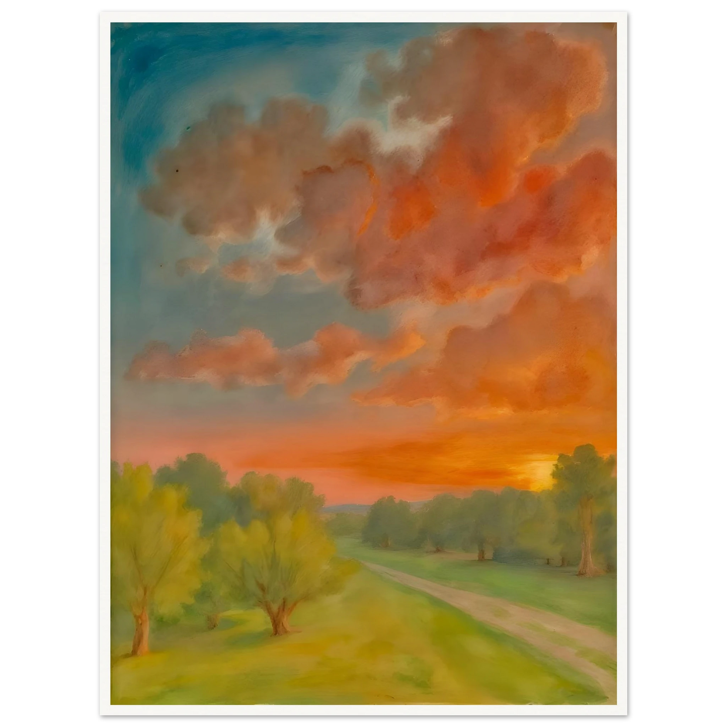 Soft orange clouds drift above a winding country path, with green trees and fading sunlight across open fields.
