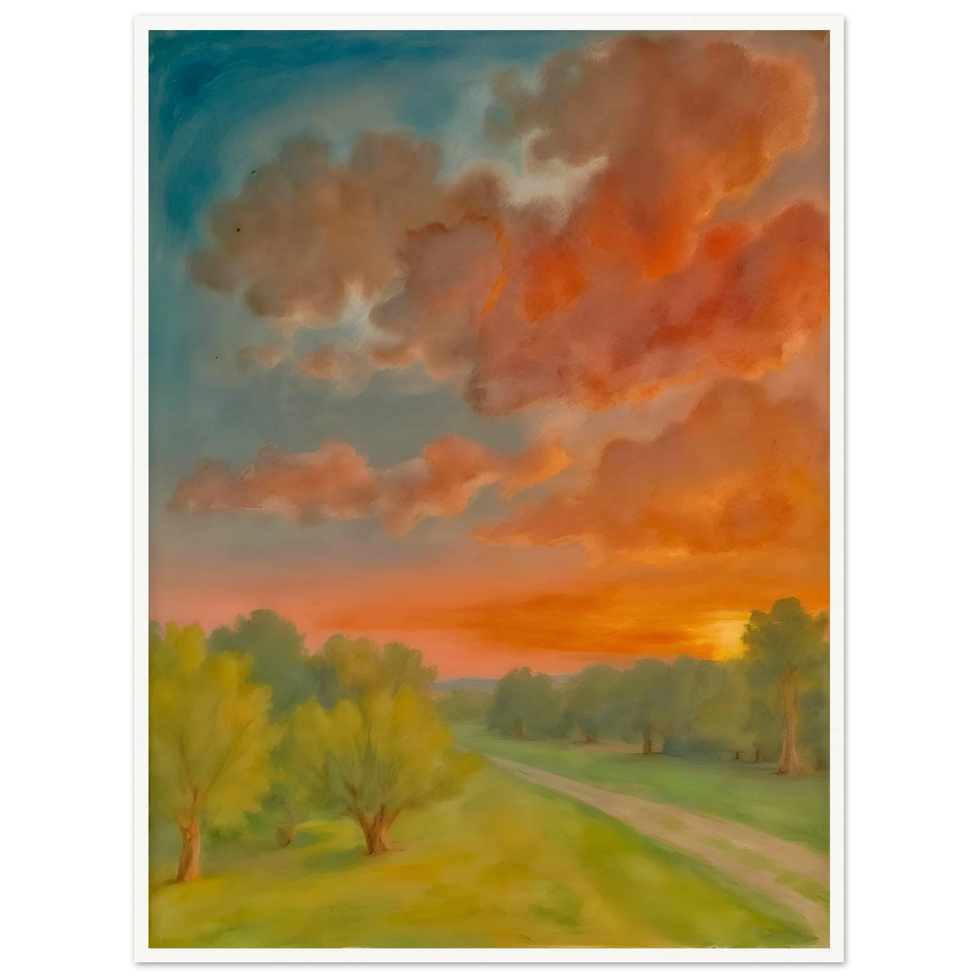 Soft orange clouds drift above a winding country path, with green trees and fading sunlight across open fields.