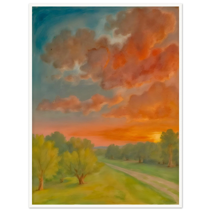 Soft orange clouds drift above a winding country path, with green trees and fading sunlight across open fields.
