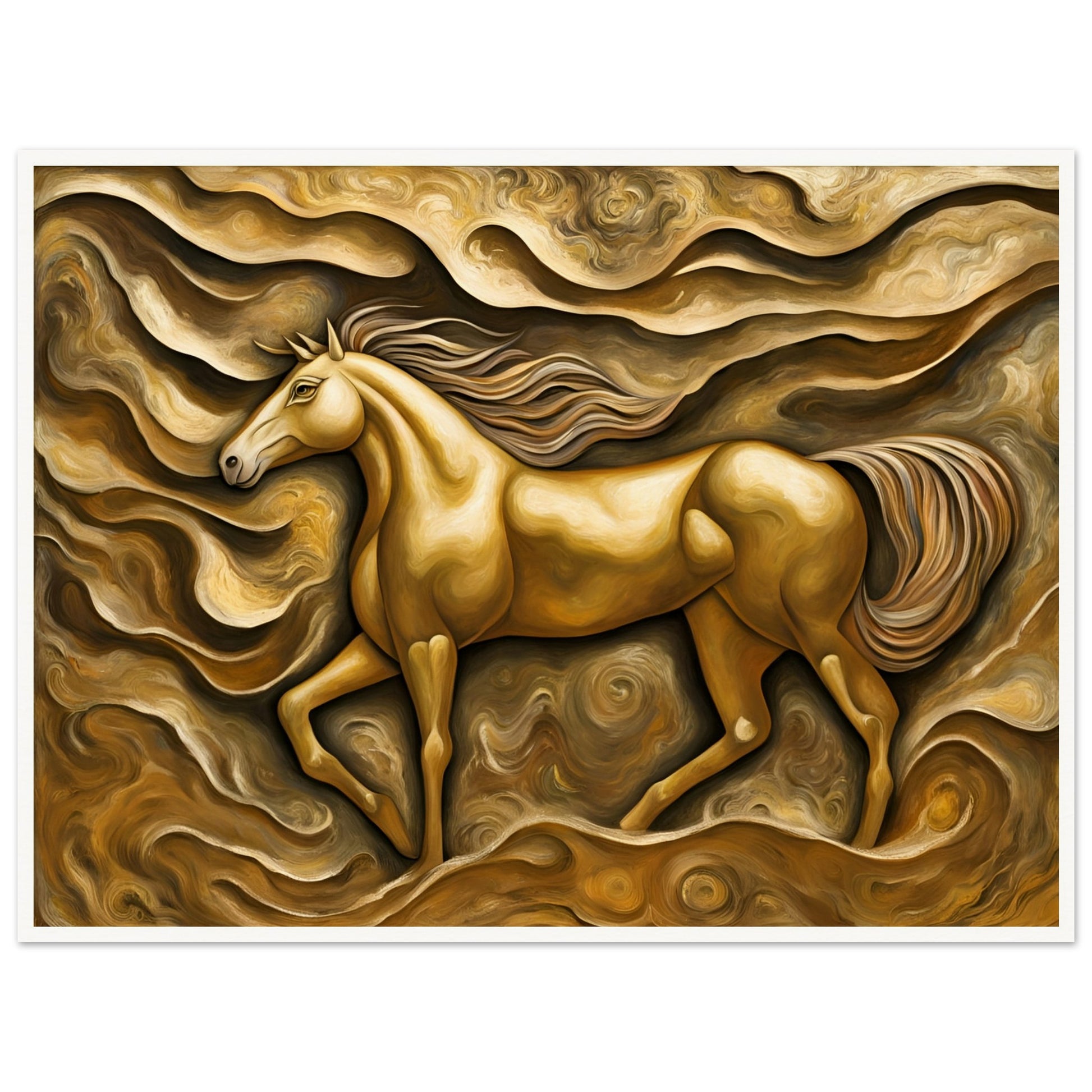 A golden horse runs through swirling, textured waves of gold and brown, embodying strength and motion with a dreamlike elegance.