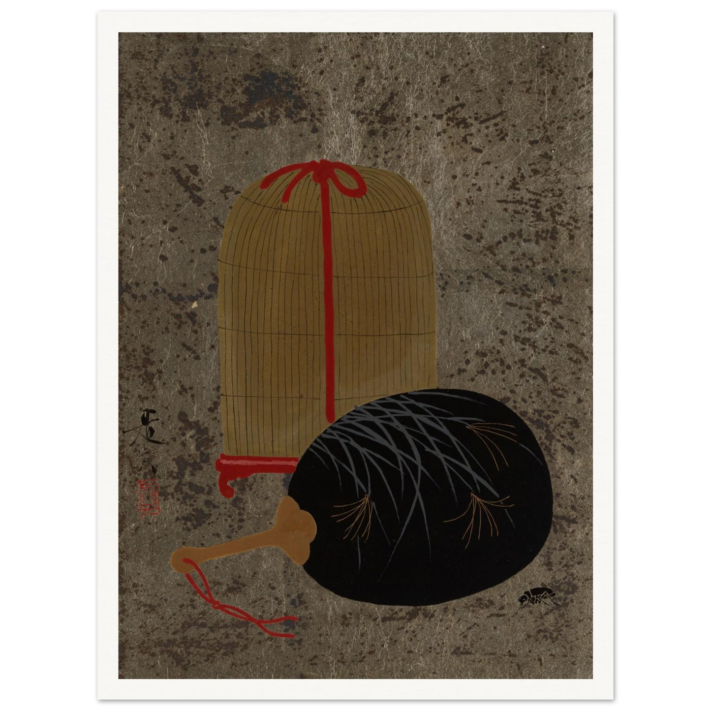Japanese still life with a black fan and hanging insect cage on a textured gray ground