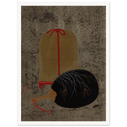 Japanese still life with a black fan and hanging insect cage on a textured gray ground