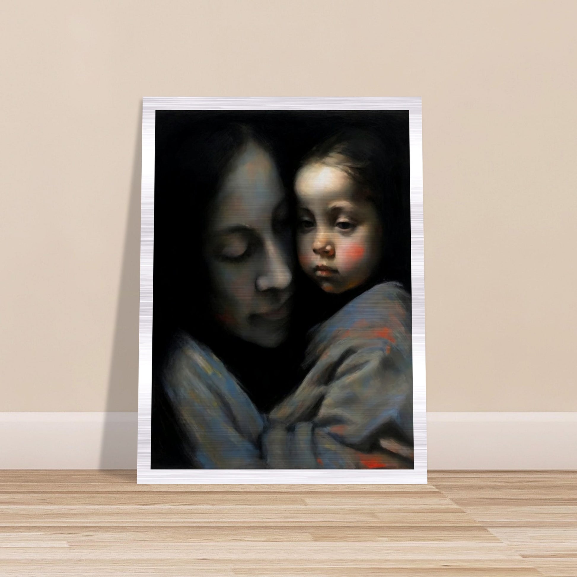 An evocative painting of a mother tenderly holding her child, both faces expressing deep affection and serenity.