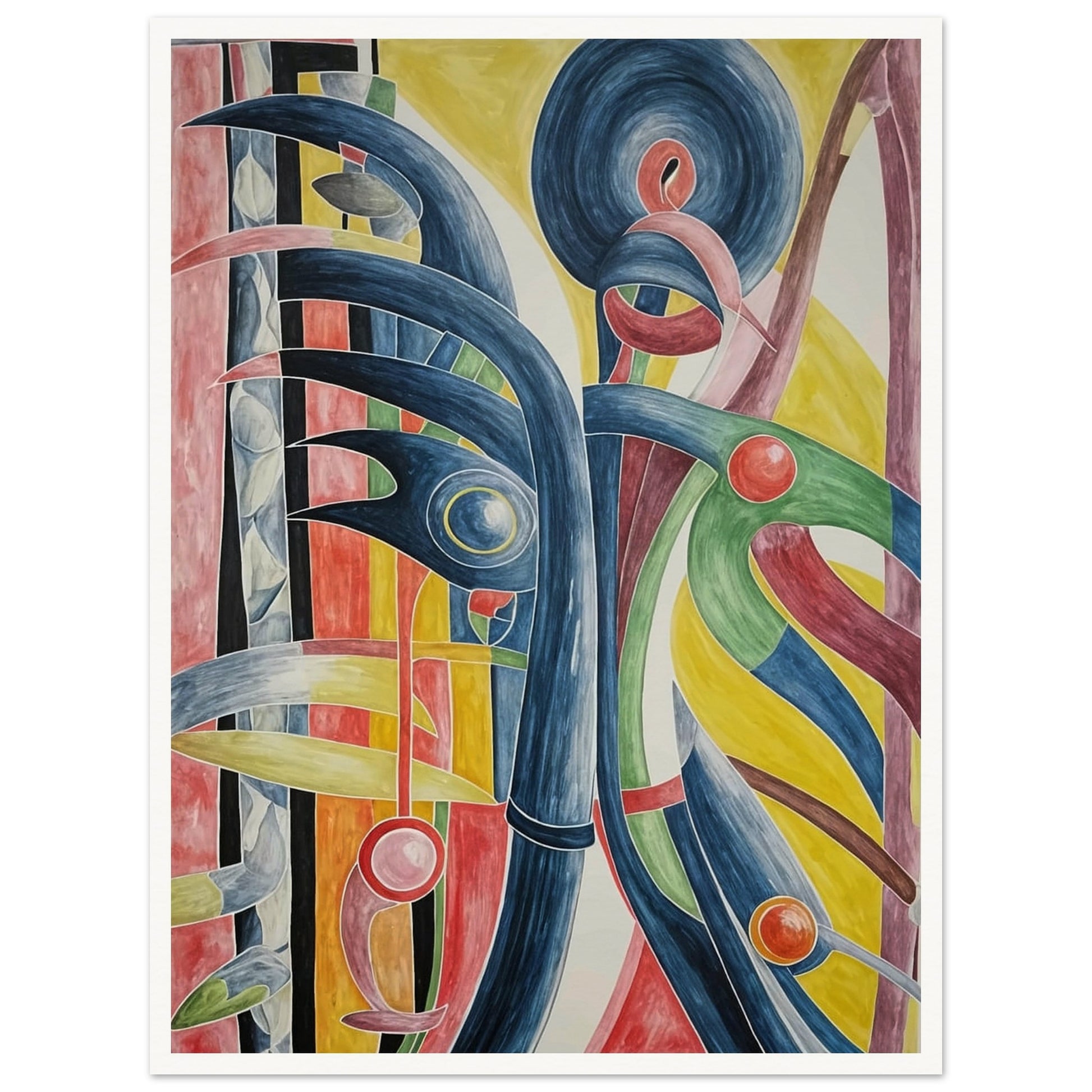 An abstract artwork featuring dynamic curves and circles in bold, contrasting colors, evoking movement and energy.