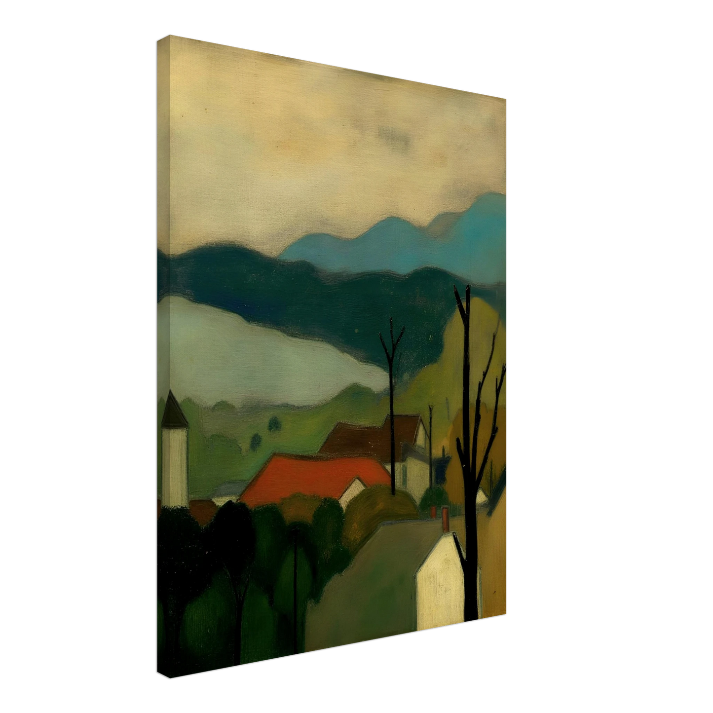 A serene landscape painting depicting a small village with red-roofed houses nestled among trees, set against layered blue-green mountains and a pale sky. Bare tree silhouettes frame the peaceful countryside scene.