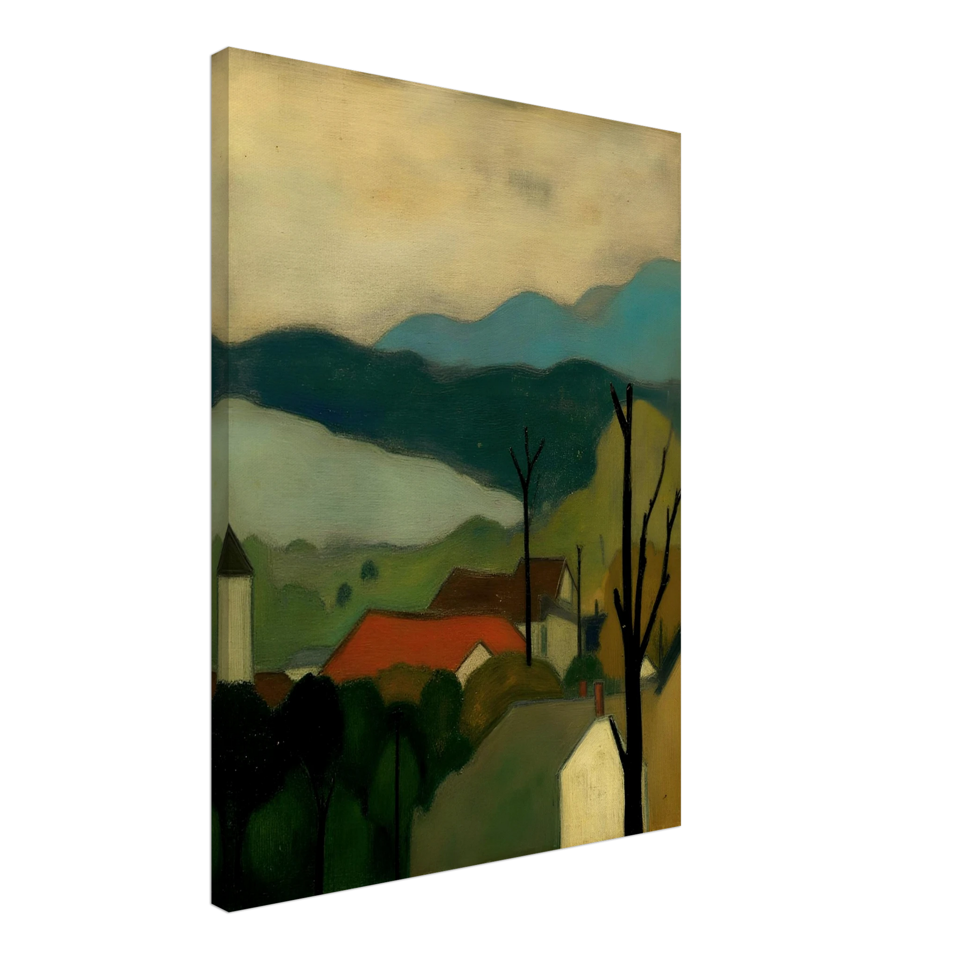 A serene landscape painting depicting a small village with red-roofed houses nestled among trees, set against layered blue-green mountains and a pale sky. Bare tree silhouettes frame the peaceful countryside scene.