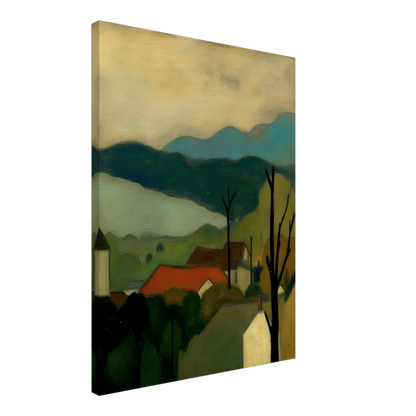 A serene landscape painting depicting a small village with red-roofed houses nestled among trees, set against layered blue-green mountains and a pale sky. Bare tree silhouettes frame the peaceful countryside scene.