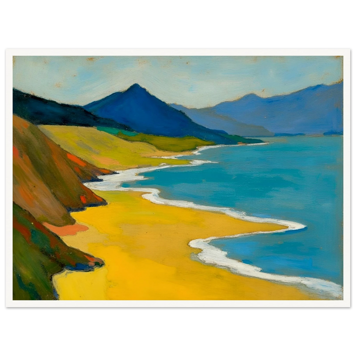 Golden shoreline curves beside turquoise water, green hills, and blue mountains under a pale sky.