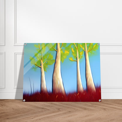 A surreal landscape with tall, slender trees reaching towards a bright blue sky, surrounded by deep red grass and vibrant green leaves.