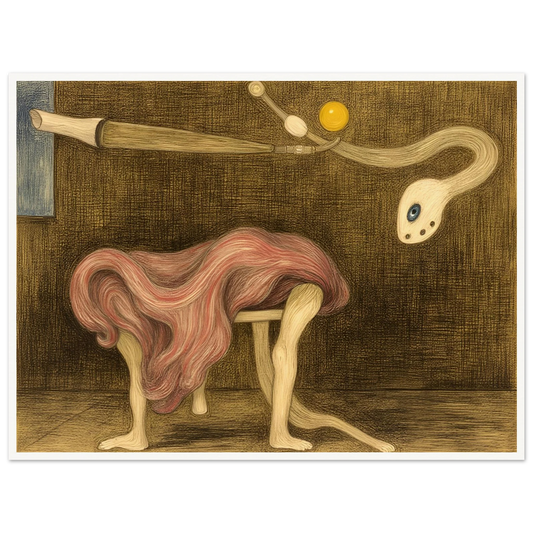 A surreal creature with fleshy curves and jointed limbs stands under an extending arm-like form with an eye and abstract attachments.
