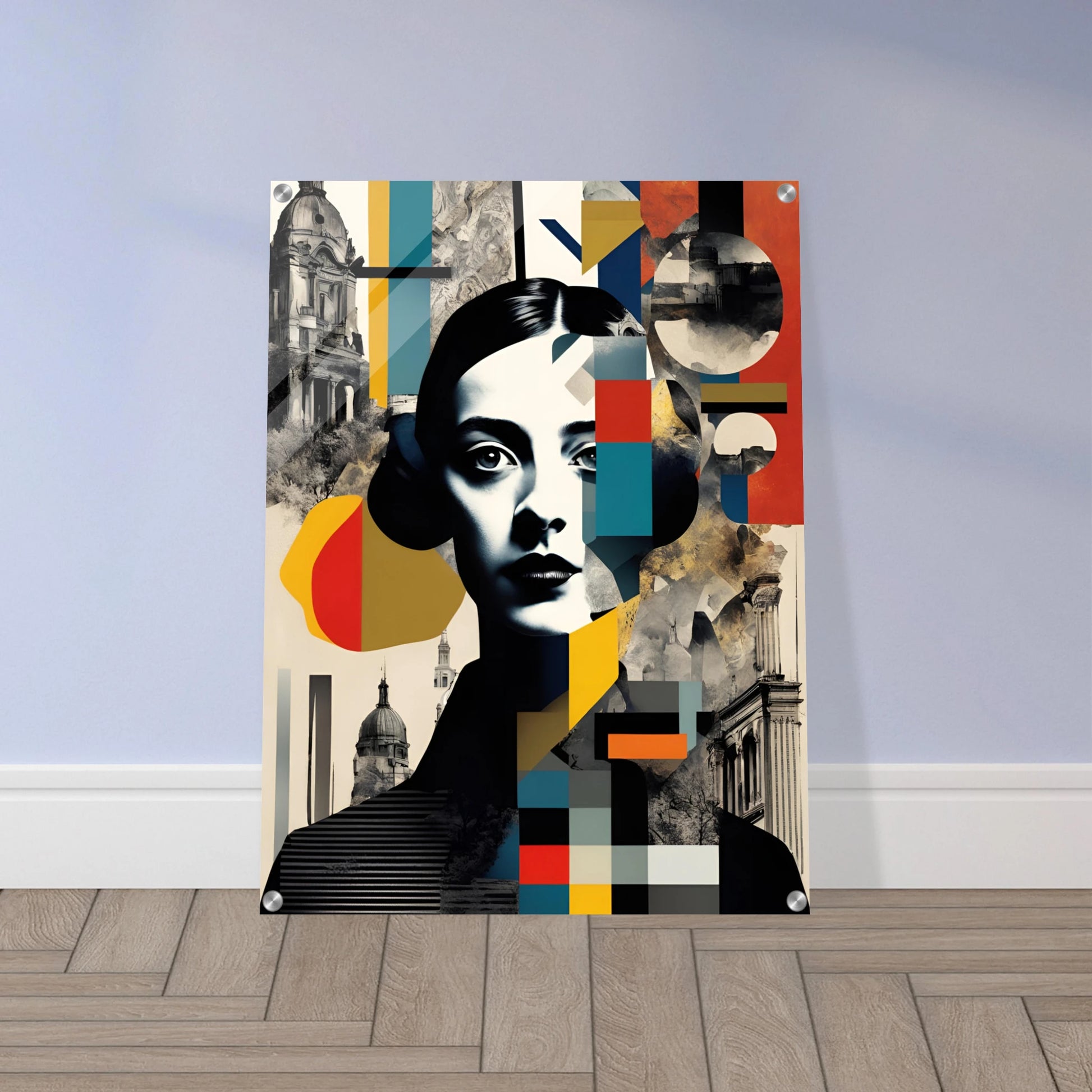 A striking portrait of a woman interwoven with geometric patterns, vintage architecture, and fragmented colors, symbolizing time and identity.