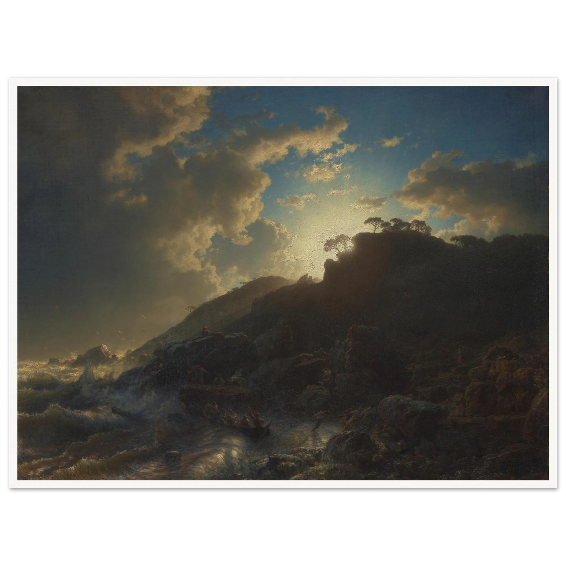 A small boat approaches a rugged shore beneath dramatic clouds, with sunlight breaking behind dark coastal cliffs.