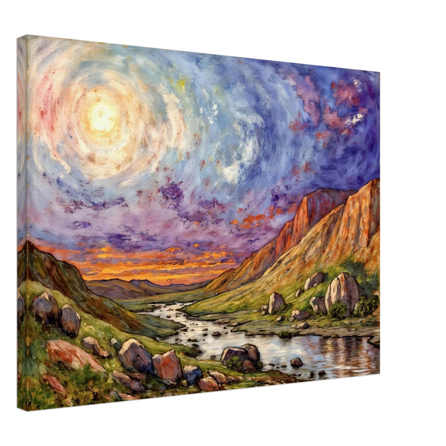 Luminous swirling sky above a rugged canyon valley with winding river, glowing cliffs, and vibrant twilight tones in a dramatic landscape.