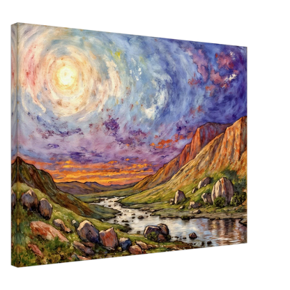 Luminous swirling sky above a rugged canyon valley with winding river, glowing cliffs, and vibrant twilight tones in a dramatic landscape.
