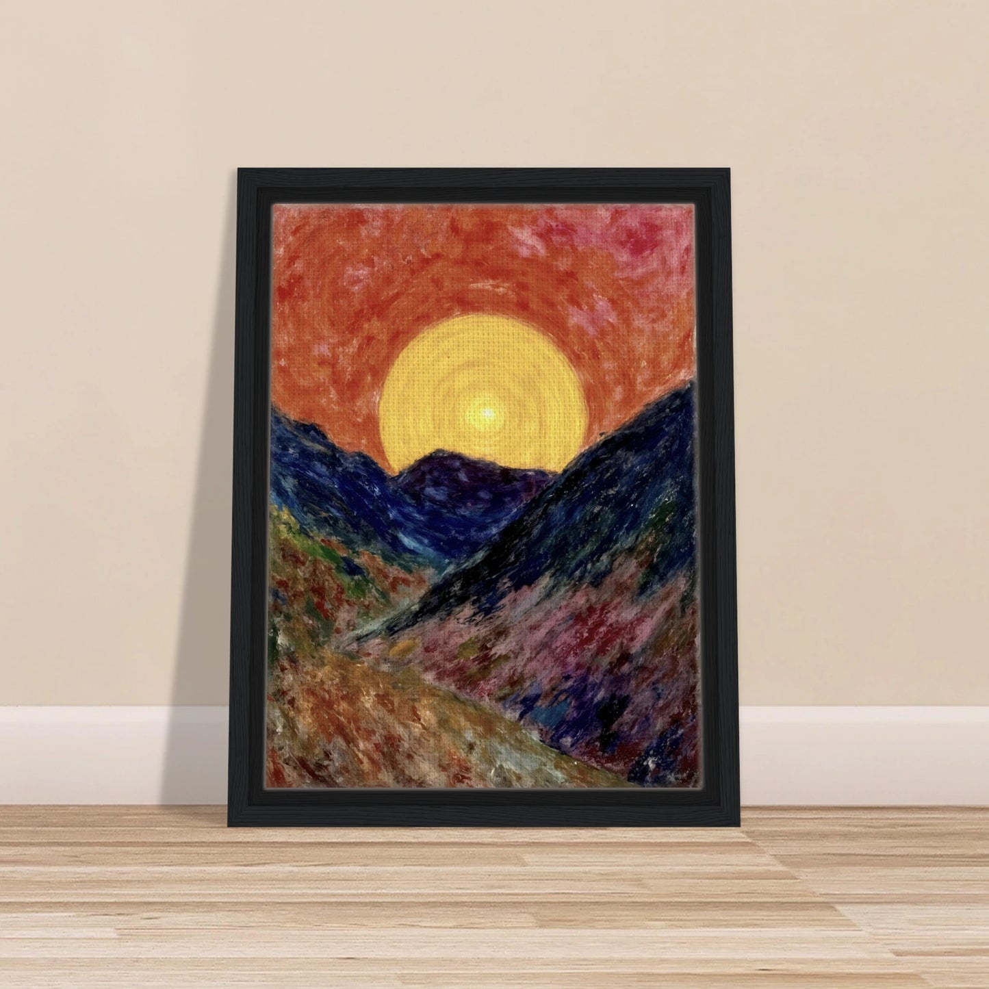 A vivid sunset over deep blue mountains with a glowing golden sun radiating warmth across the textured, colorful valley.