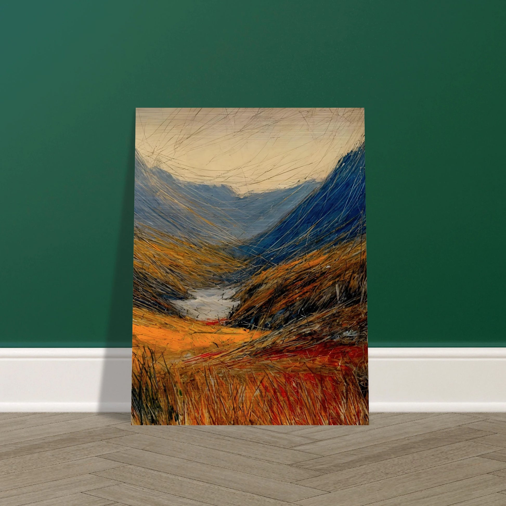 Windswept valley of golden grasses and deep blue mountains painted with vivid, dynamic strokes under a pale sky.