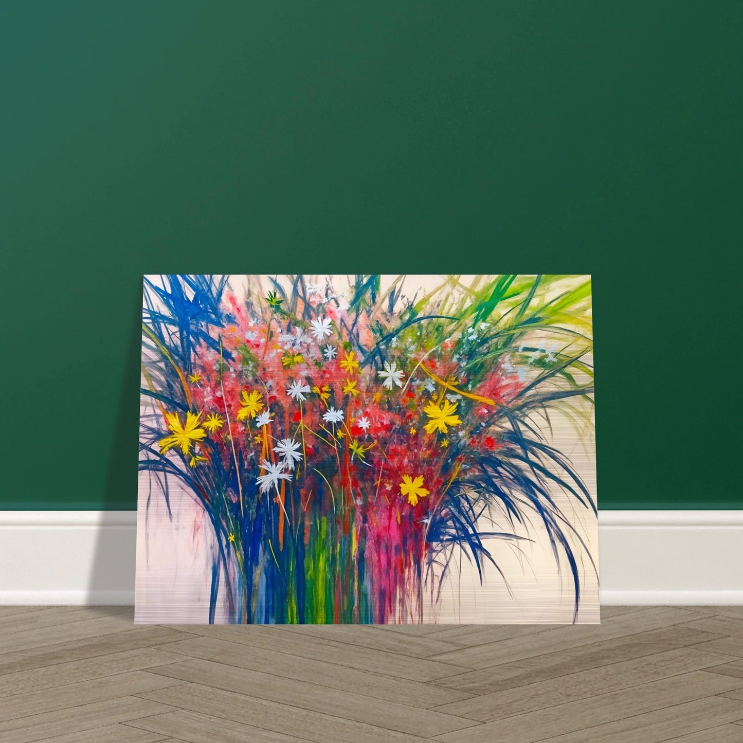 A vibrant explosion of wildflowers in yellow, red, and white bursts from lush green stems, radiating energy and joy.