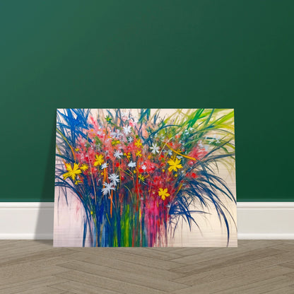 A vibrant explosion of wildflowers in yellow, red, and white bursts from lush green stems, radiating energy and joy.