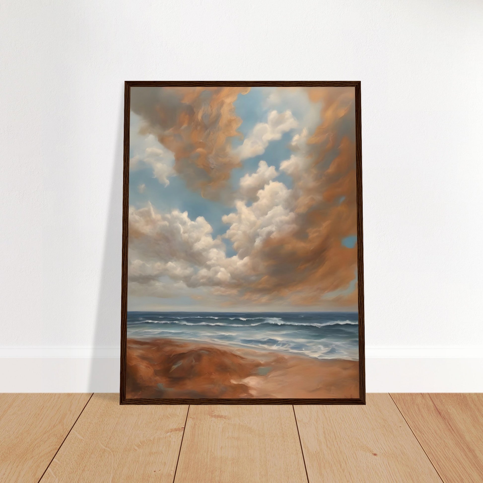 A breathtaking seascape with soft waves rolling onto a sandy shore beneath a sky filled with billowing golden clouds against a serene blue backdrop.