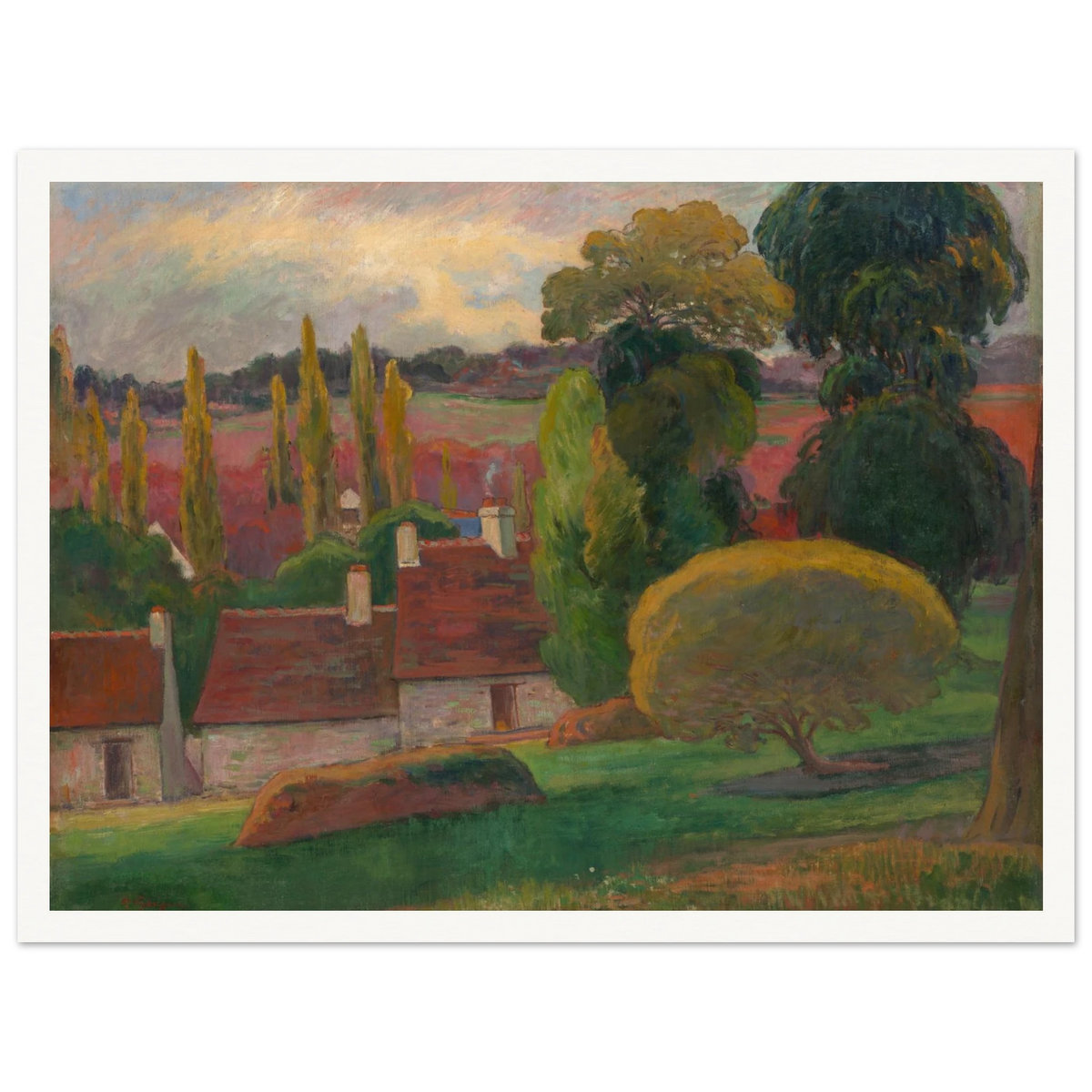 A Breton village with red-roofed houses and tall trees sits beneath a soft pastel sky.