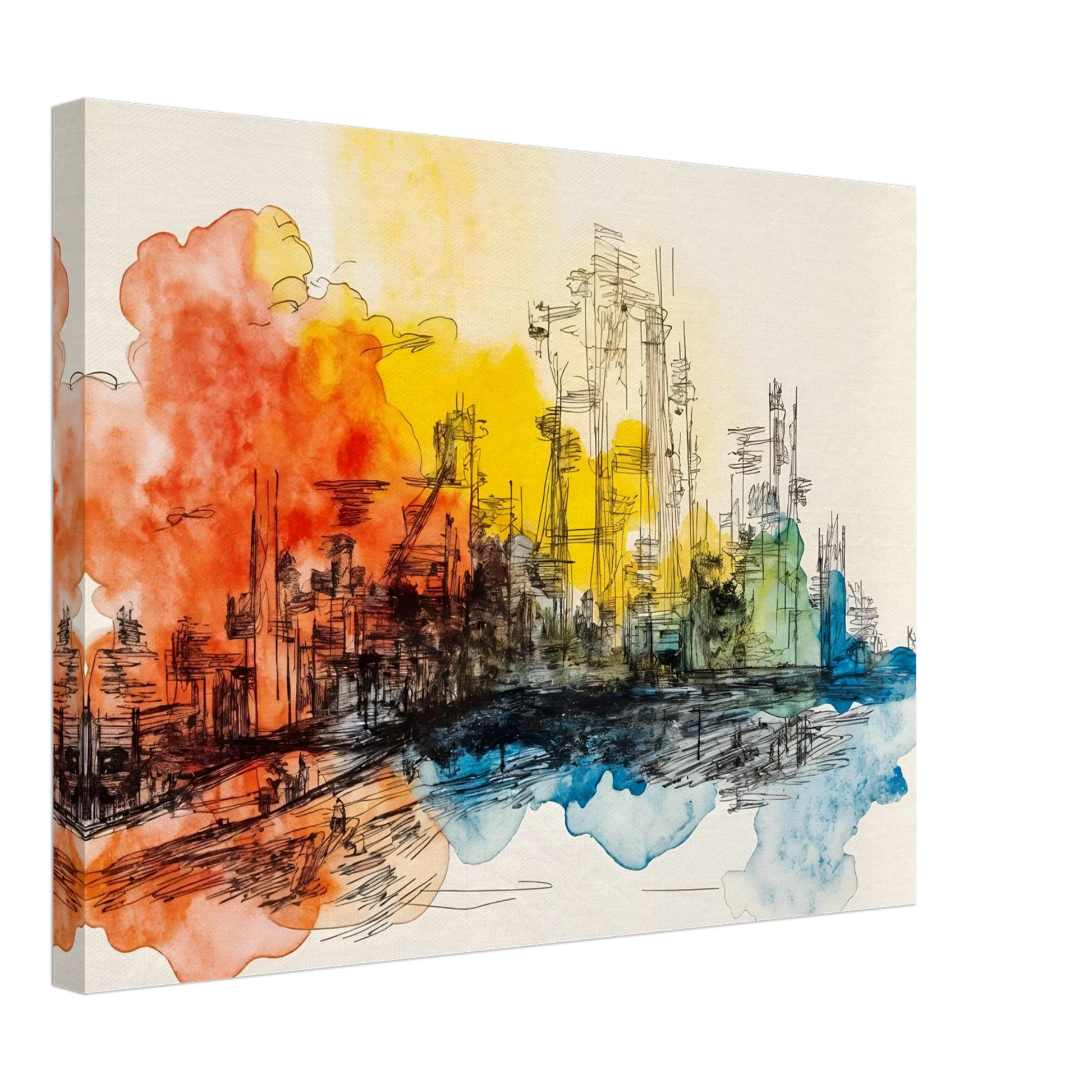Ink city skyline with orange, yellow, and blue watercolor washes across a bright urban scene.