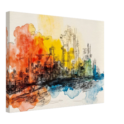 Ink city skyline with orange, yellow, and blue watercolor washes across a bright urban scene.