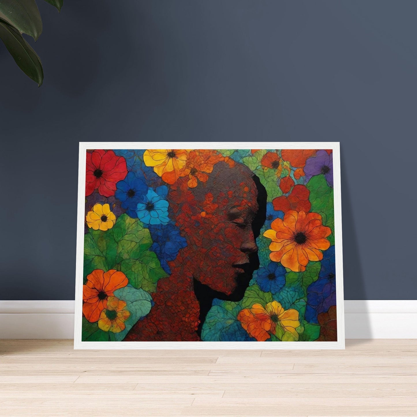 "A colorful and intricate painting of a silhouetted face surrounded by vivid red, blue, yellow, and orange flowers, blending nature with human form."