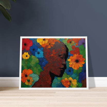 "A colorful and intricate painting of a silhouetted face surrounded by vivid red, blue, yellow, and orange flowers, blending nature with human form."