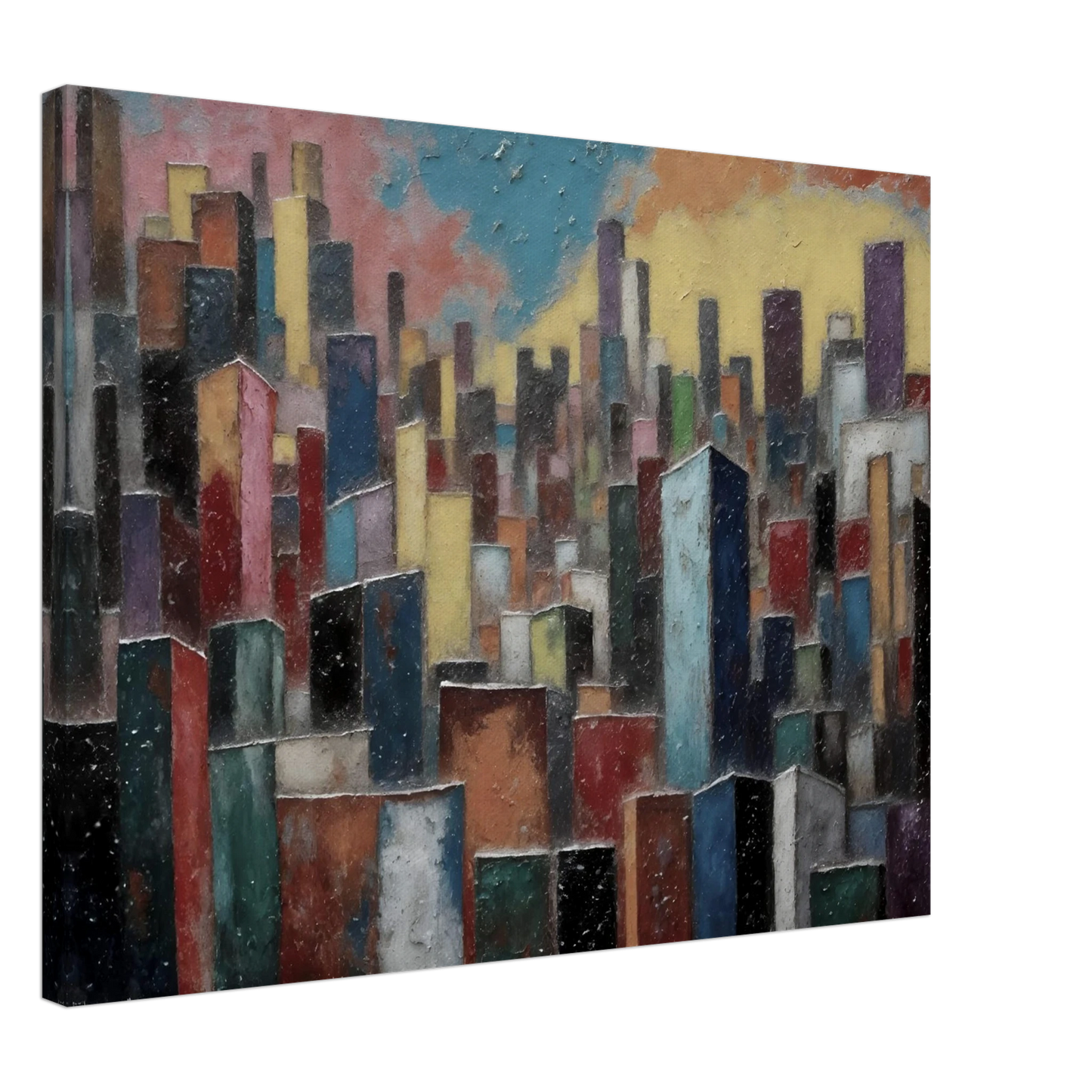 A dense skyline of colorful towers rises beneath a pastel sky, blending urban energy with painterly texture.