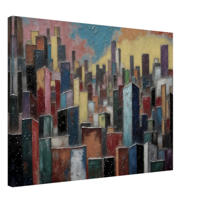 A dense skyline of colorful towers rises beneath a pastel sky, blending urban energy with painterly texture.