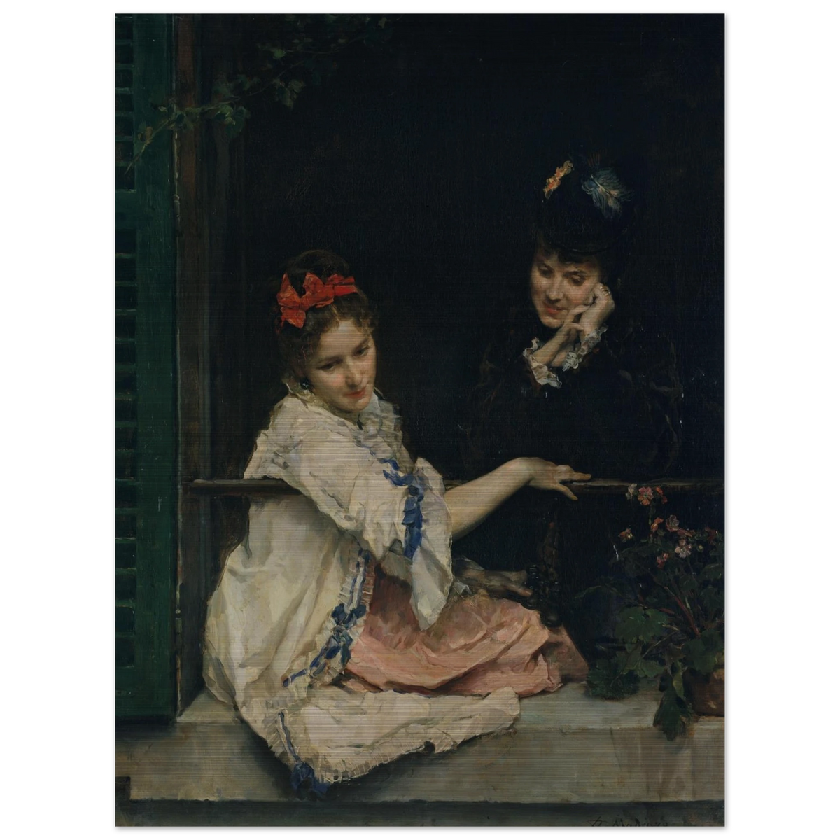 Two girls sit at a dark window, one in white with a red bow and the other in black.