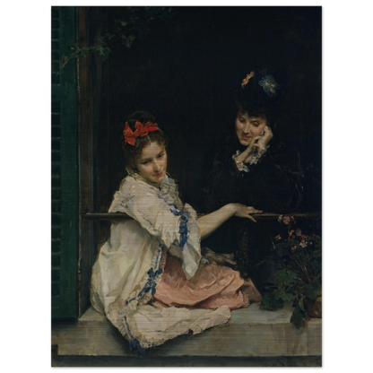 Two girls sit at a dark window, one in white with a red bow and the other in black.