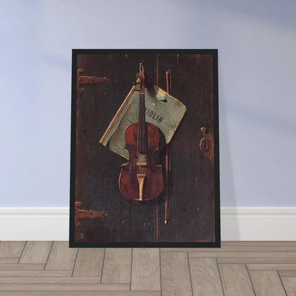Violin and bow hang against a dark wooden door with a faded paper behind them