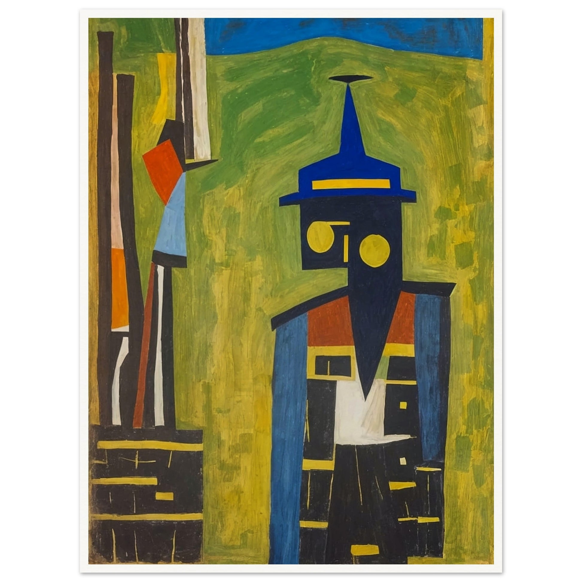 "An abstract painting featuring a geometric figure with a blue hat, composed of bold shapes and colors, set against a green and yellow background."