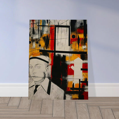 Abstract artwork featuring a man in a suit and hat against a vibrant background with geometric shapes and bold colors.