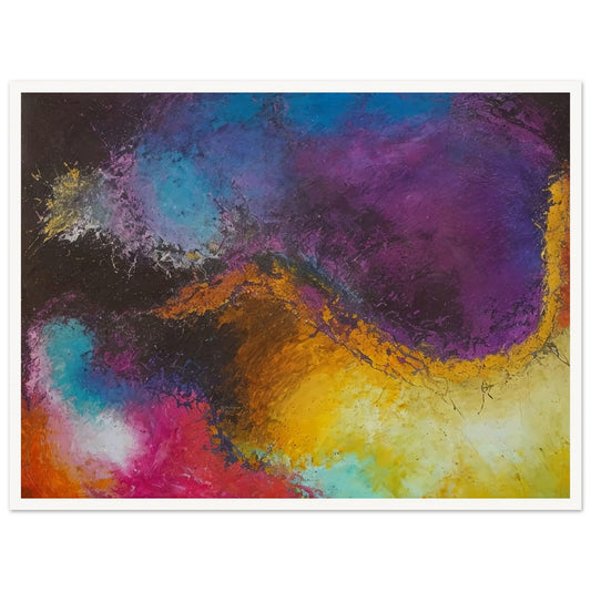 An abstract painting with a vibrant mix of colors, including purple, blue, yellow, orange, pink, and black, creating a dynamic and cosmic-like scene.