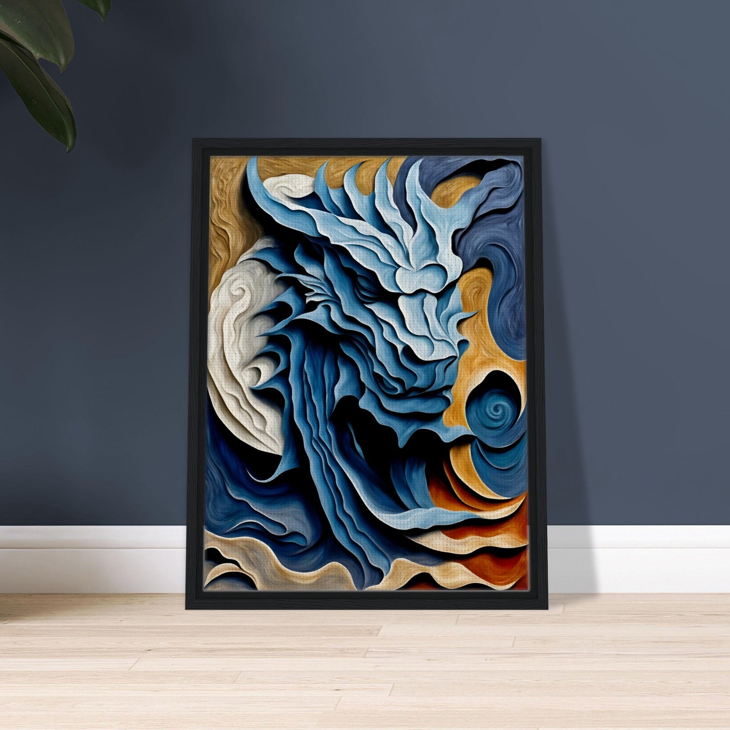 A swirling, dragon-like form emerges in shades of blue, white, and gold, evoking movement, energy, and mythical power.